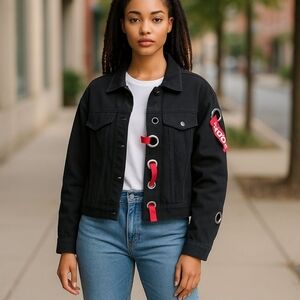 🔥K-Fashion Punk Lace-Up Black Denim Jacket w/ Red Ribbon Details & Metal Rings